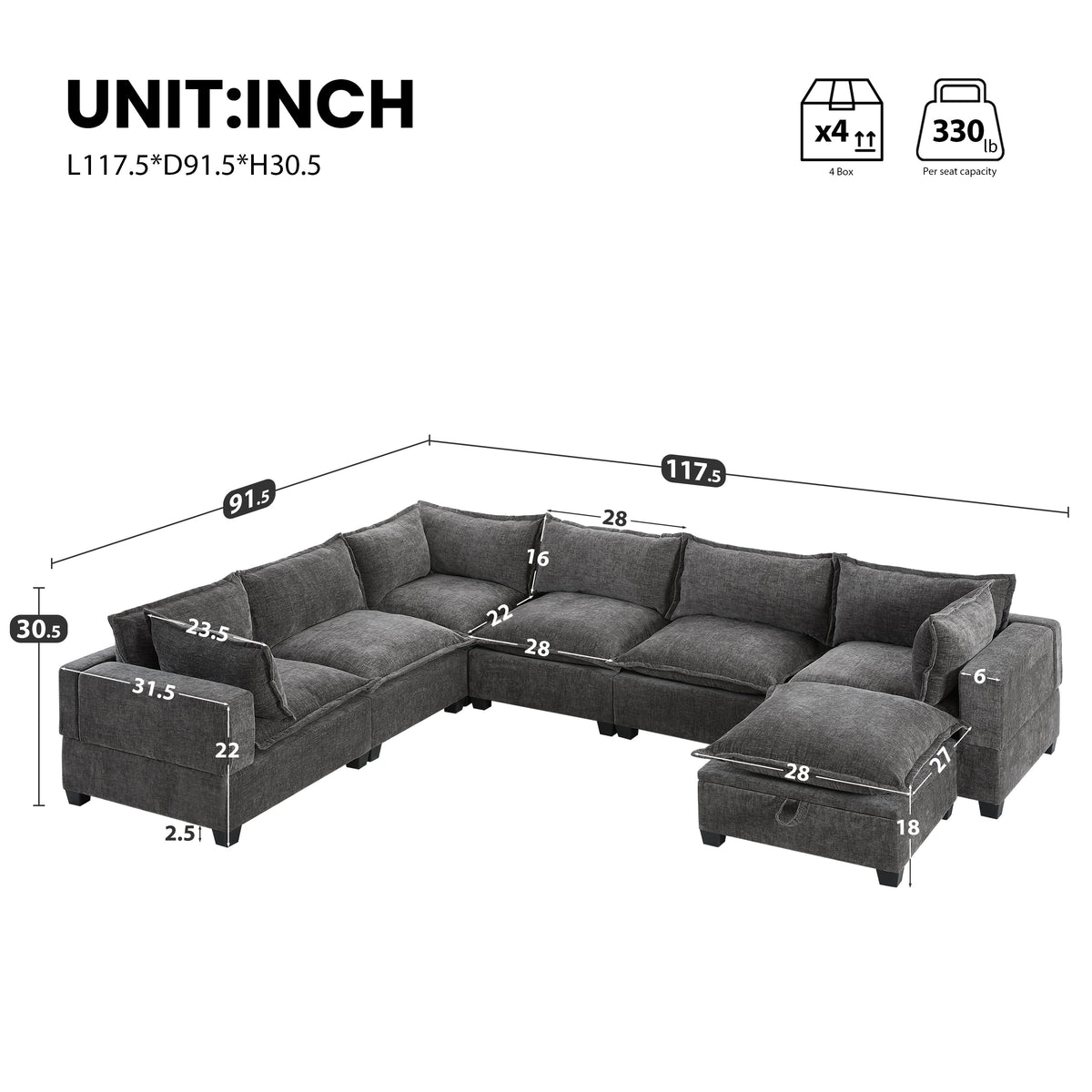 Gray modular sectional sofa layout diagram with measurements and ottoman modules.