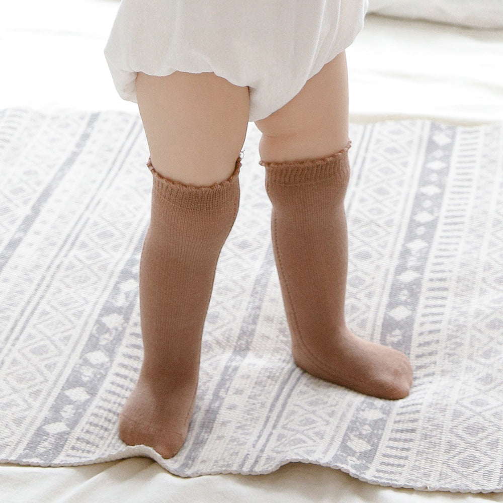 Baby long tube socks, brown knit, ribbed cuff with side stitched stripe