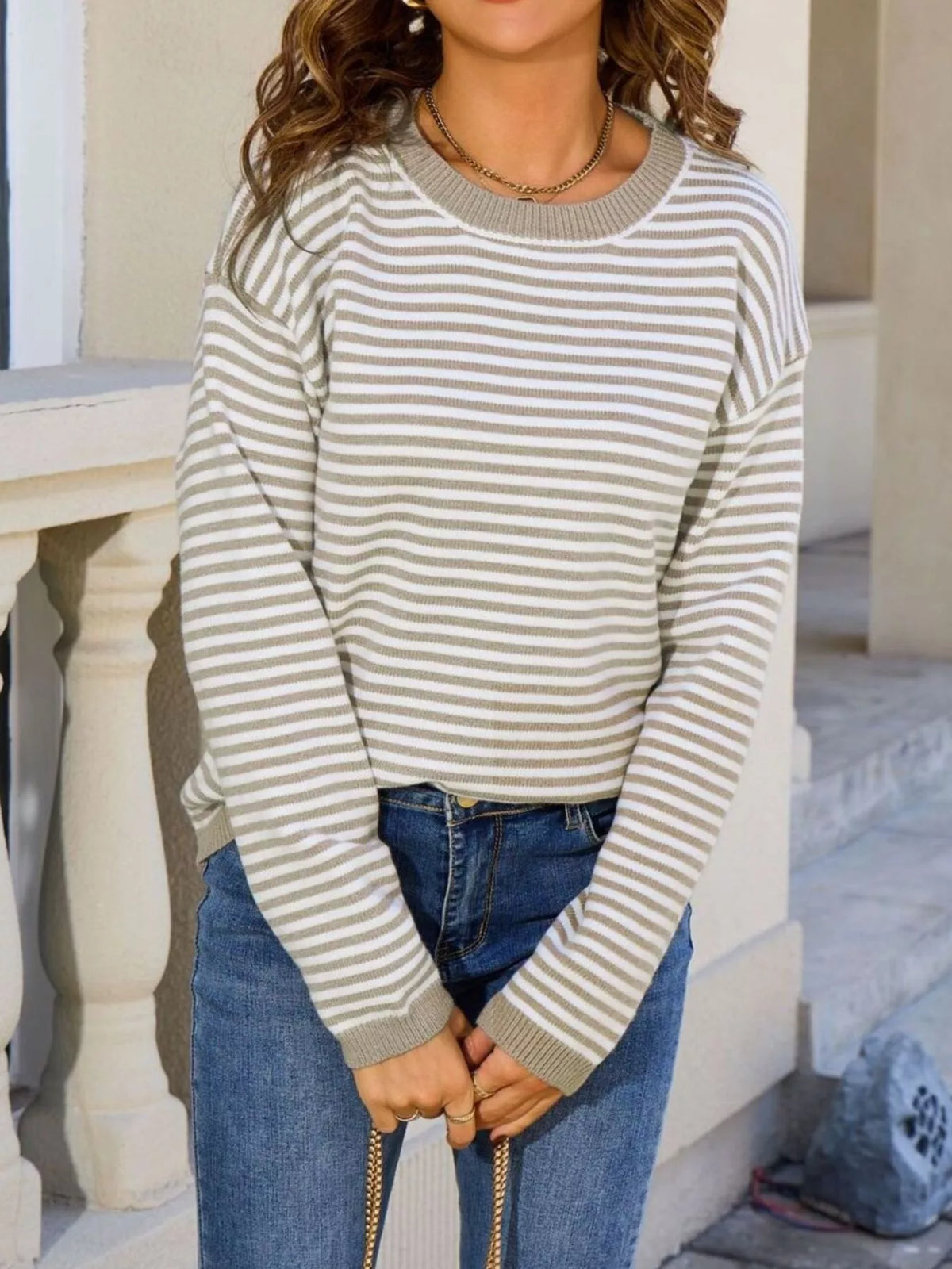 Striped round-neck knit sweater with long sleeves, ribbed collar and cuffs, light tan