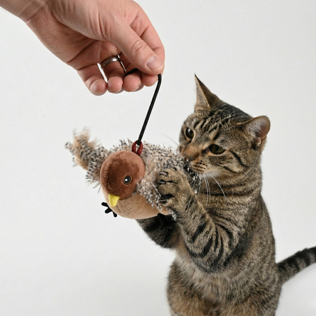 Sparrow-style plush interactive cat toy on a wand string, gripped by a cat