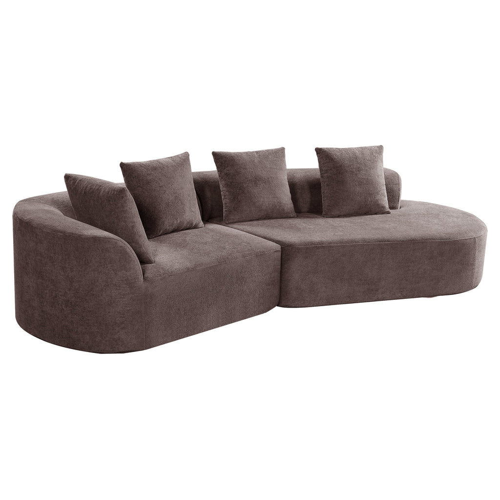 Brown curved sectional sofa with three seat sections and four matching square throw pillows