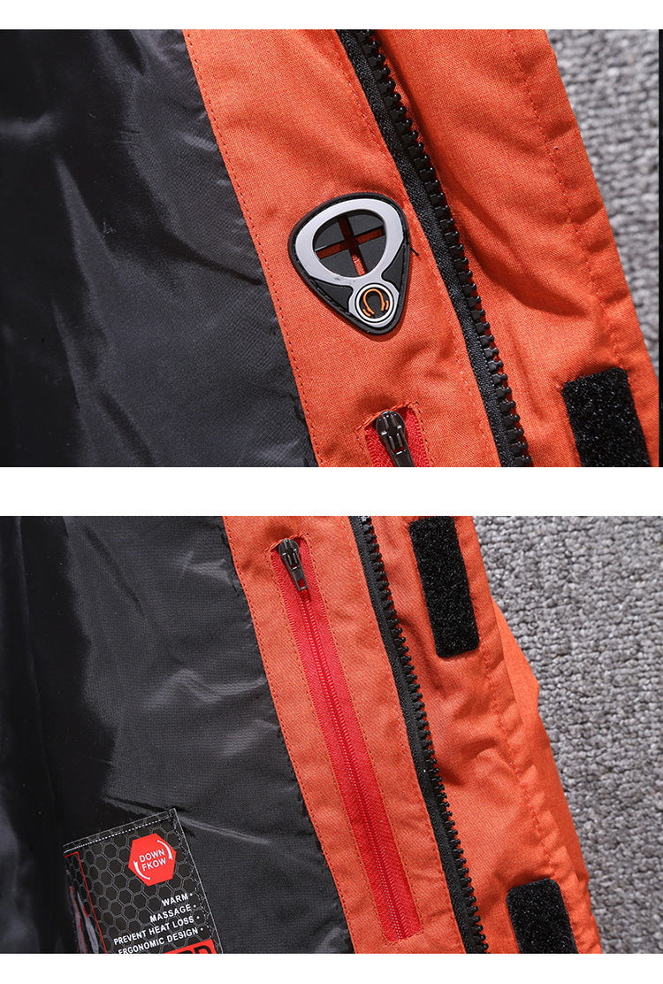 Orange winter coat front with black zipper and pull tabs on textured panels