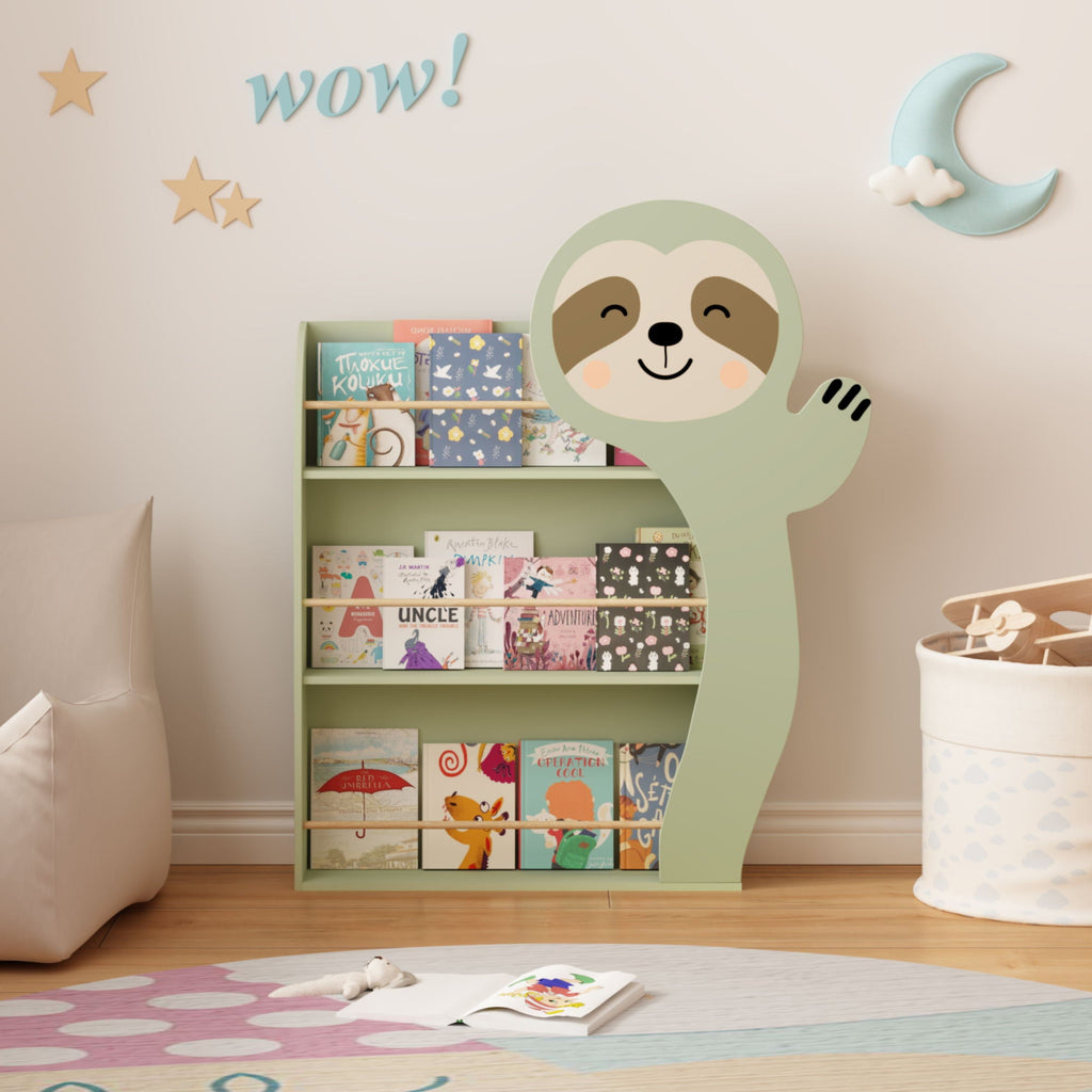 Sage green 3-tier toddler book display rack with sloth character cutout, open front