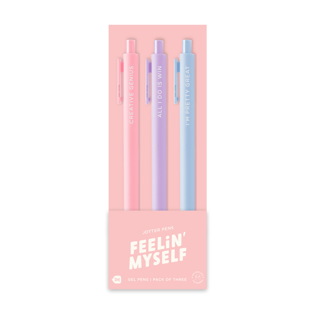 3-pack gel pen set: light pink, lavender, light blue pens with “FEELIN’ MYSELF” text.