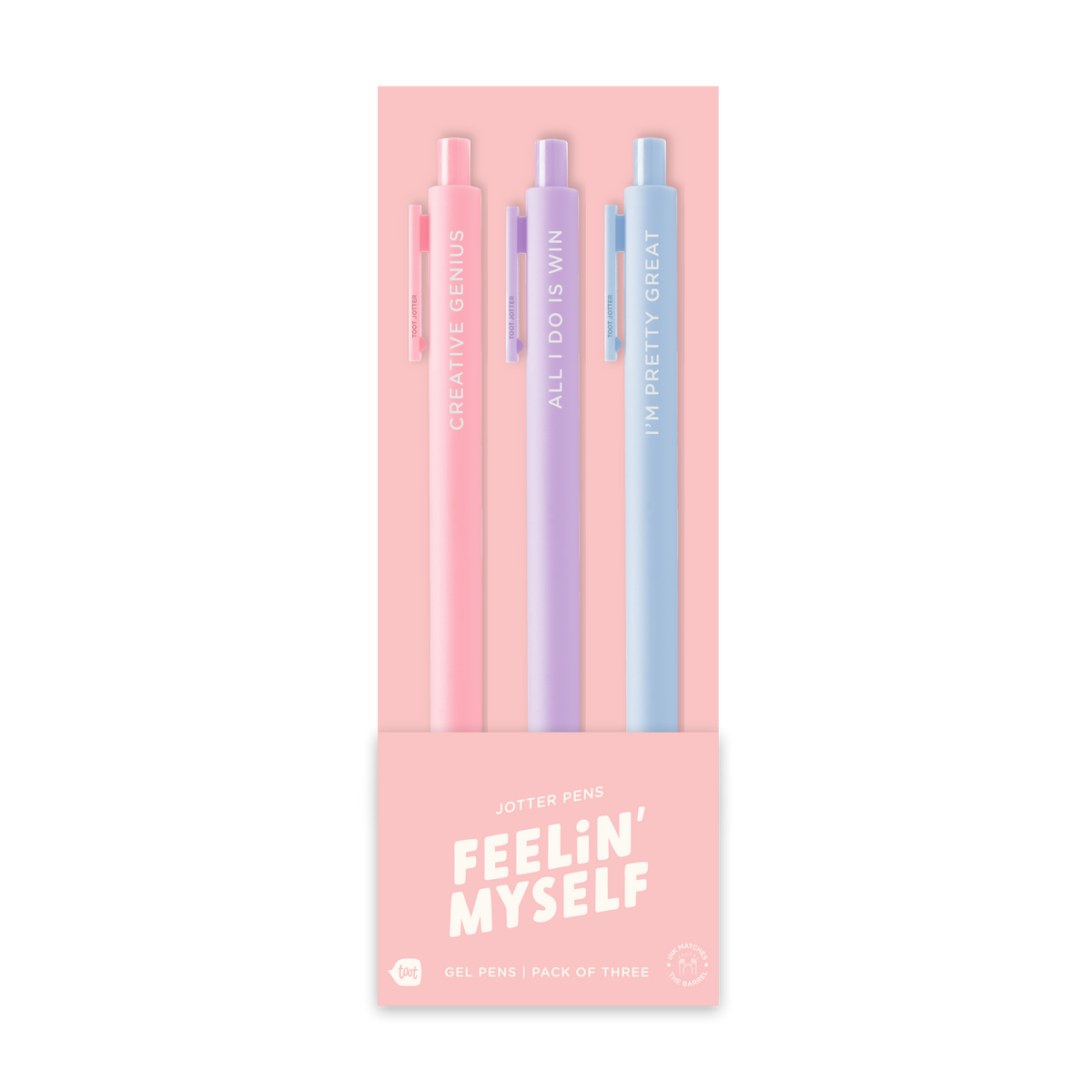 3-pack gel pen set: light pink, lavender, light blue pens with “FEELIN’ MYSELF” text.