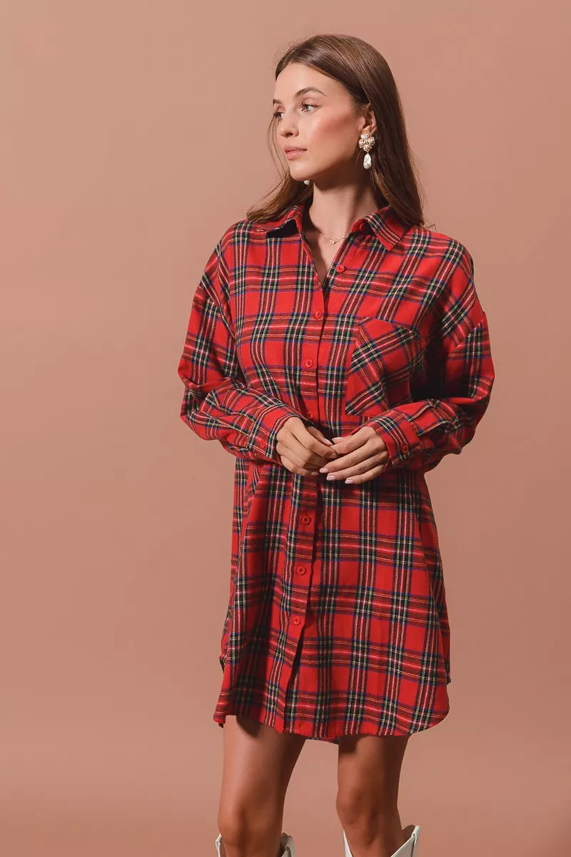 Red plaid button-up shirt dress with collar and chest pocket, front view