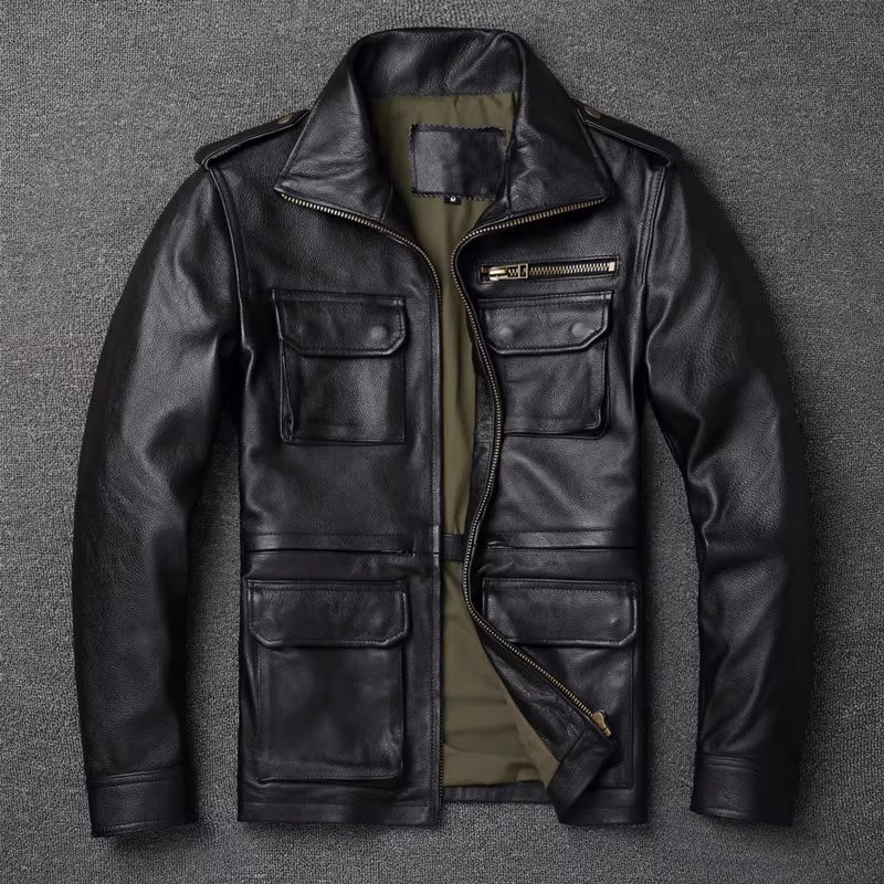Men's black leather work jacket, front zipper, snap pockets, tan lining