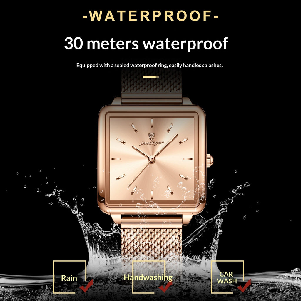 Rose gold square quartz watch with light dial and rose gold mesh metal band
