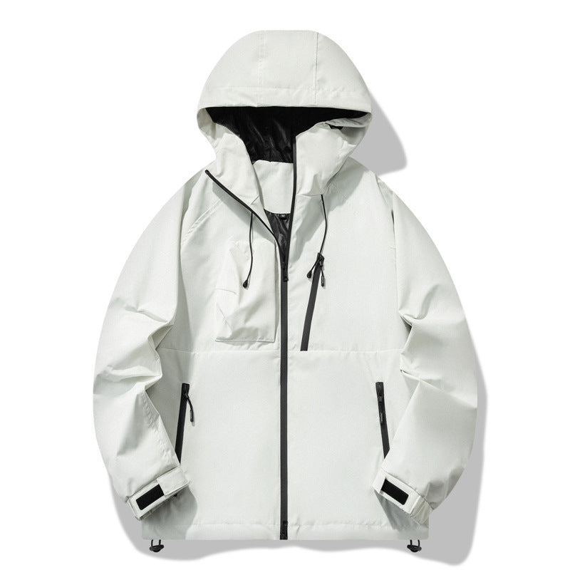 White outdoor waterproof windproof jacket with adjustable hood and zip front