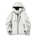White outdoor jacket with adjustable hood, front zipper, and zip sleeve cuffs