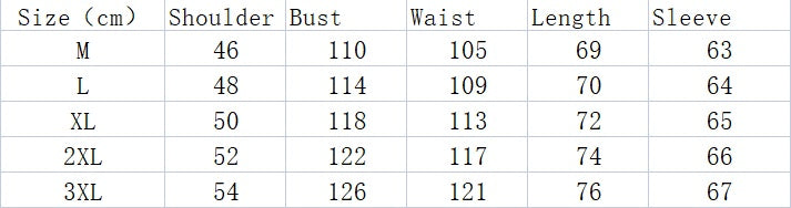 Size chart for winter coat: shoulder, bust, waist, length, sleeve measurements