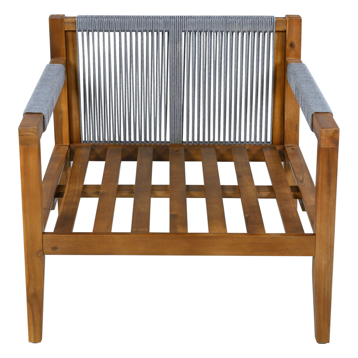 Acacia armchair back with gray rope lattice and cushioned seat