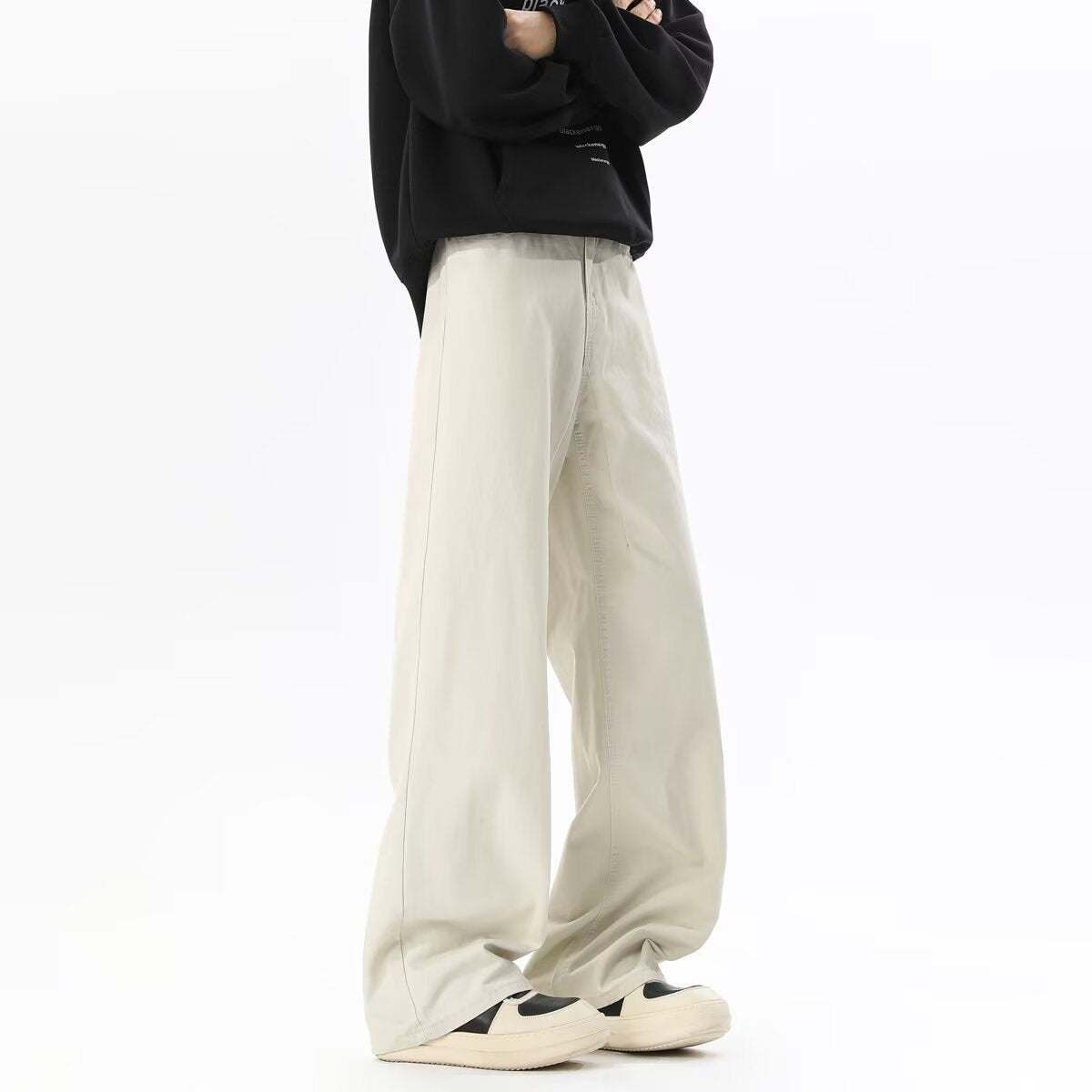 Beige long cargo pants with relaxed straight-leg fit and belt loops