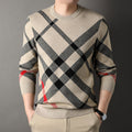 Men's khaki plaid knit sweater, relaxed fit with red accent on lower left
