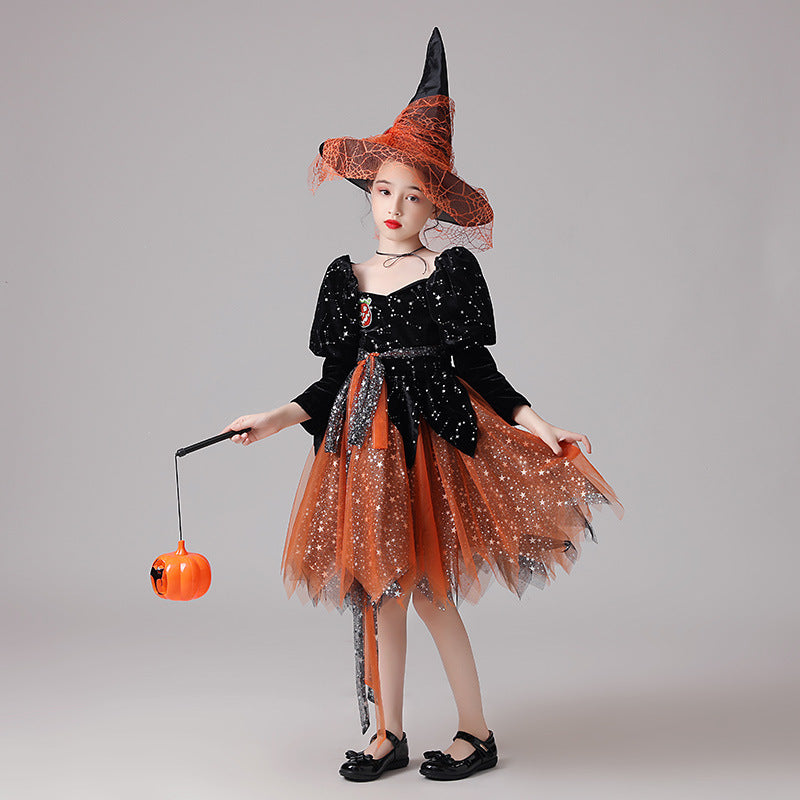 Children's witch ball costume with black sequin dress, orange net skirt, pointed hat, jack-o'-lantern