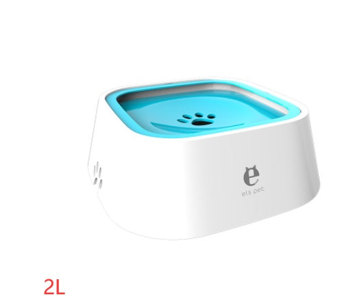 Pet water bowl with floating slow-feed tray, anti-overflow design, white with blue insert