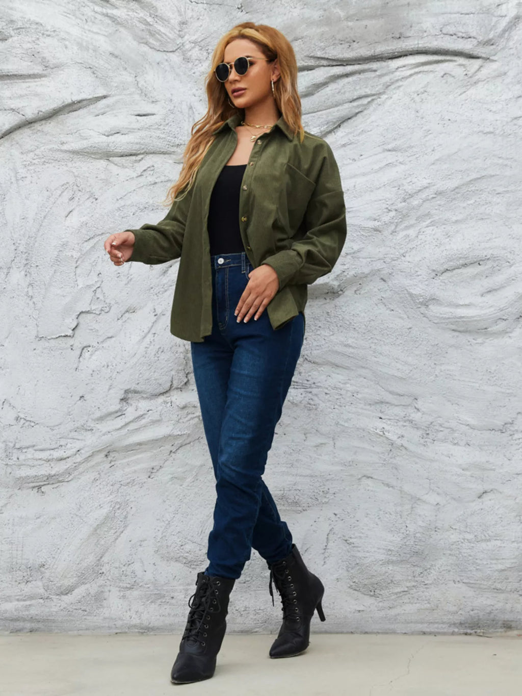 Olive corduroy button-front shirt, side view with collar and chest pocket