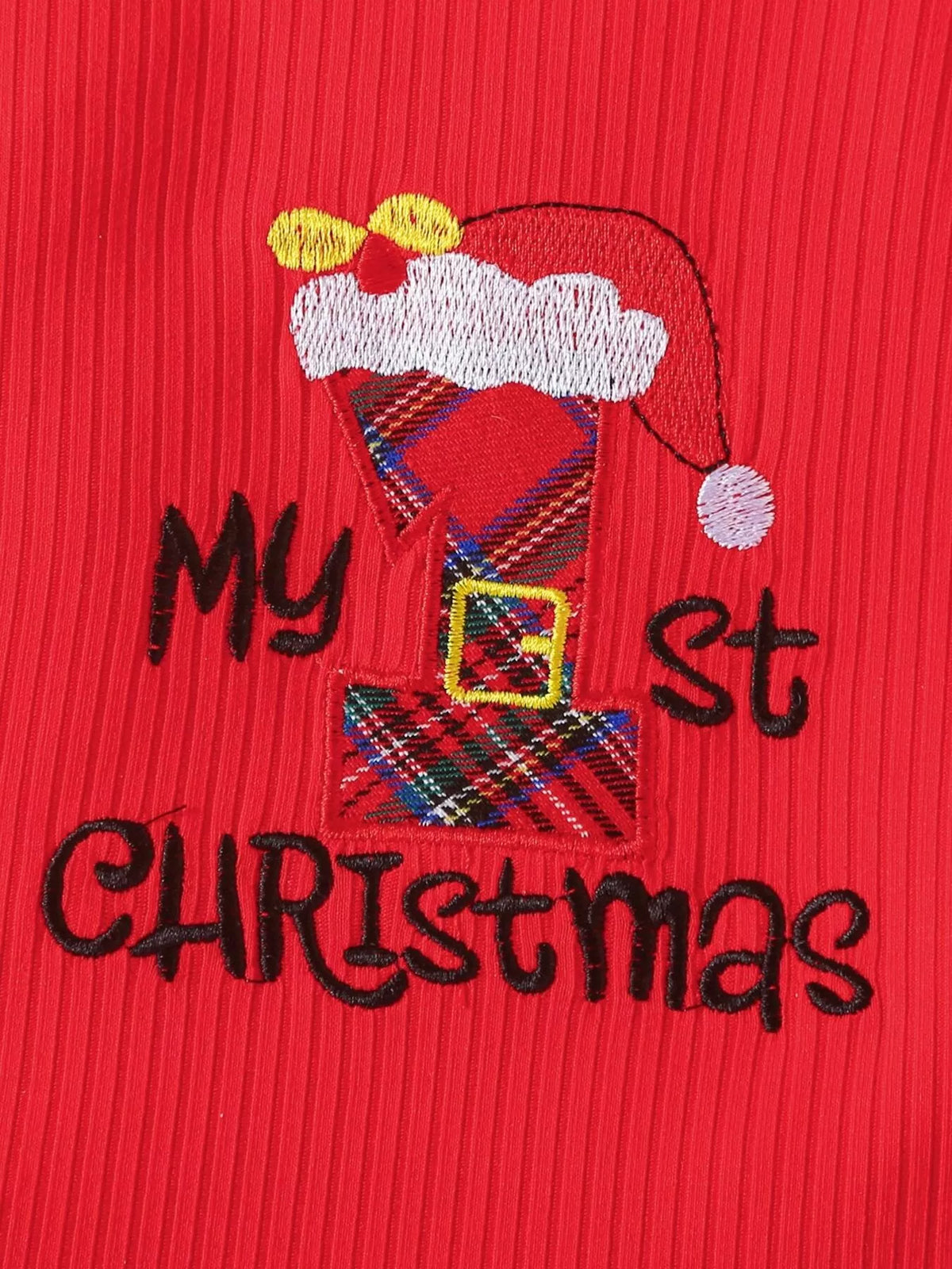 Red bodysuit with 'My 1st Christmas' embroidery and Santa hat graphic