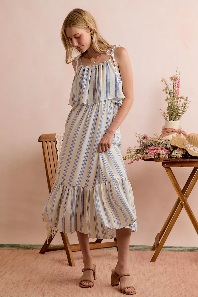 Blue and white striped tiered midi dress with layered ruffle neckline and skirt tiers