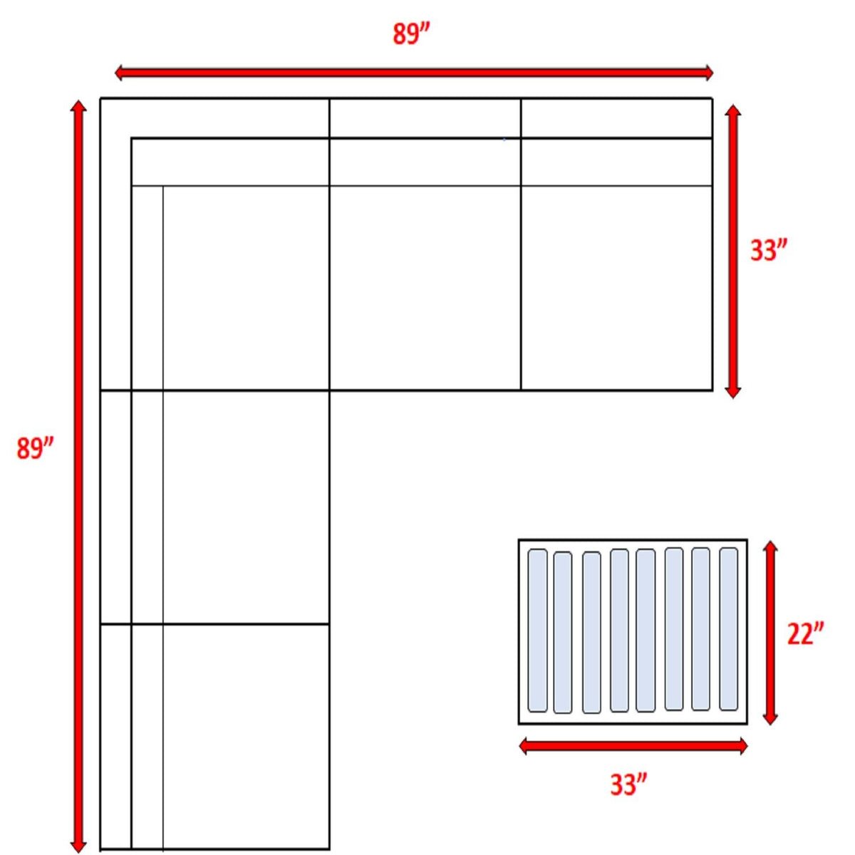 Sectional sofa layout diagram with table and dimension measurements