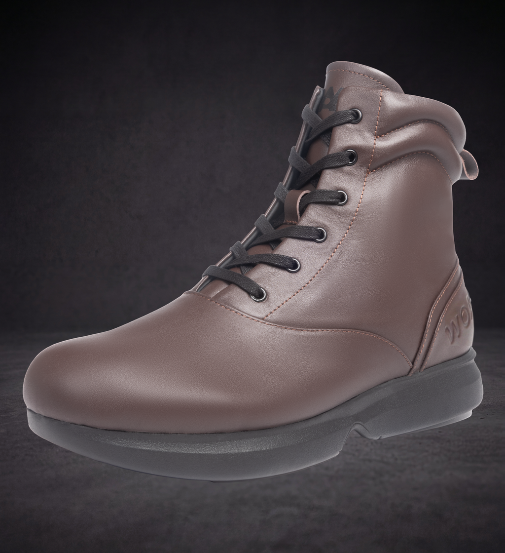 WOA taupe high-top ankle boot with dark lace-up, padded collar, and rubber outsole