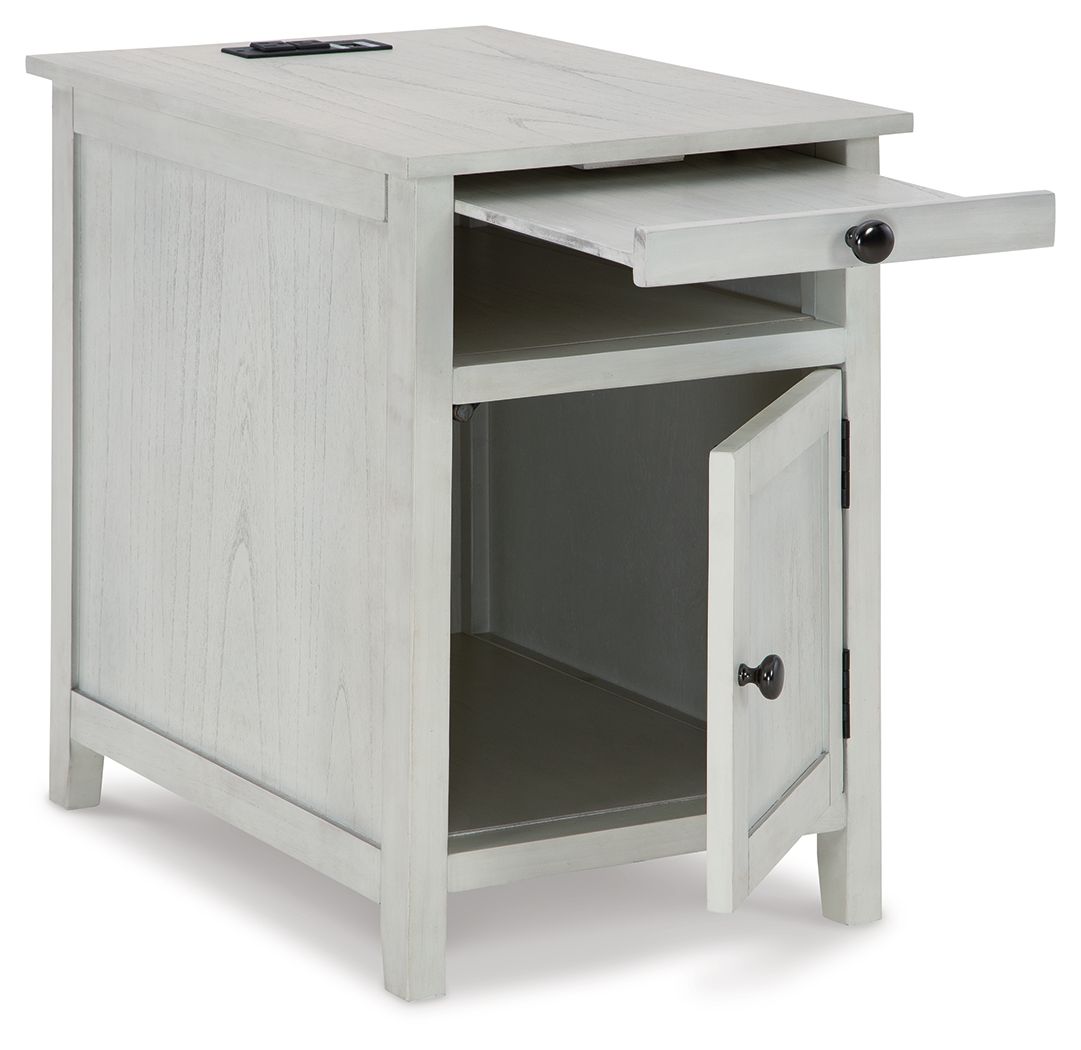 Light beige chairside end table with open shelf and drawer with metal pull