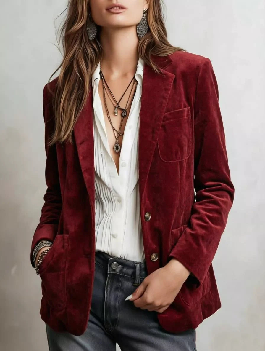 Plus size slim-fit suede long-sleeve blazer in burgundy with notch lapel and button front