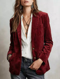 Plus size slim-fit suede long-sleeve blazer in burgundy with notch lapel and button front
