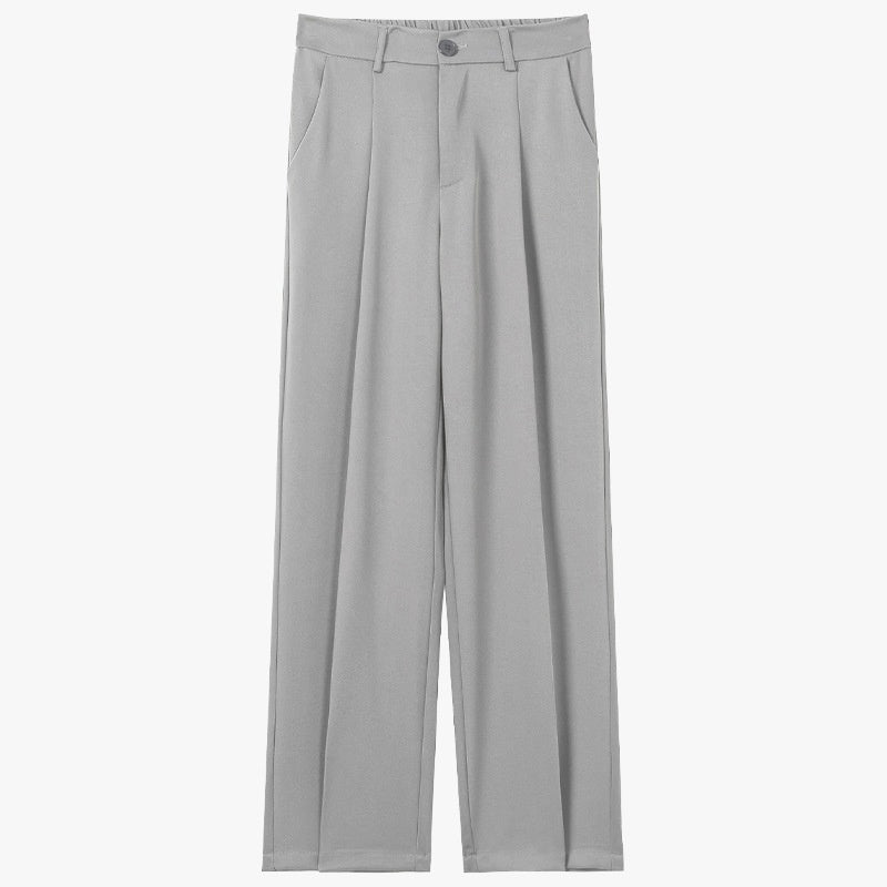 Light gray straight suit trousers with belt loops, pleated front, and button closure