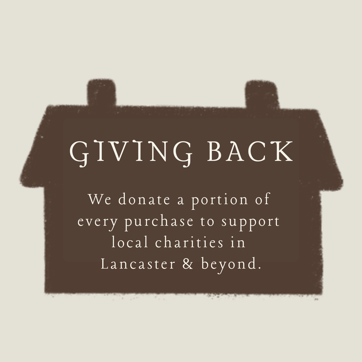Giving Back wooden promo card with text about donating to local charities