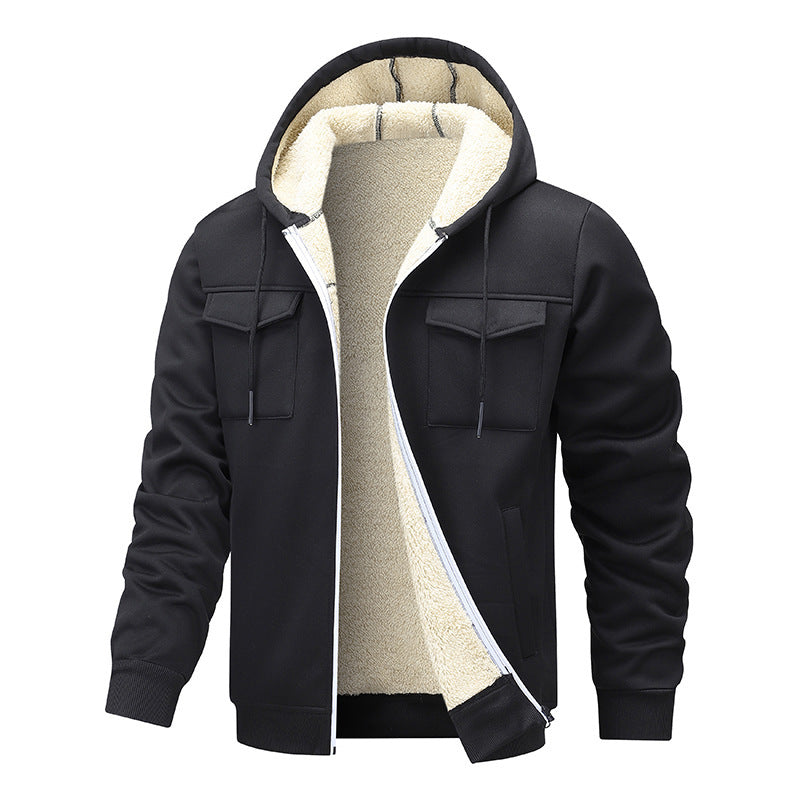 Black zip-up winter coat with tan sherpa hood lining and flap chest pockets