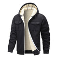 Black zip-up winter coat with tan sherpa hood lining and flap chest pockets
