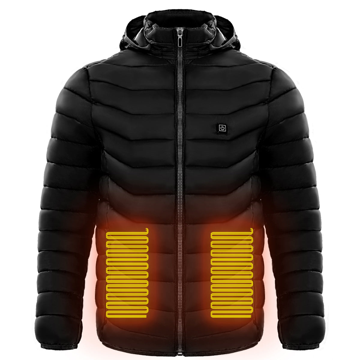 Men heated puffer jacket in black with hood and front zip, heating zones glow