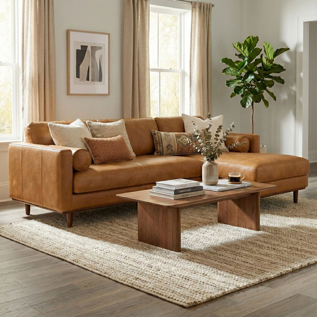 Tan upholstered sectional sofa with chaise and multiple throw pillows in living room