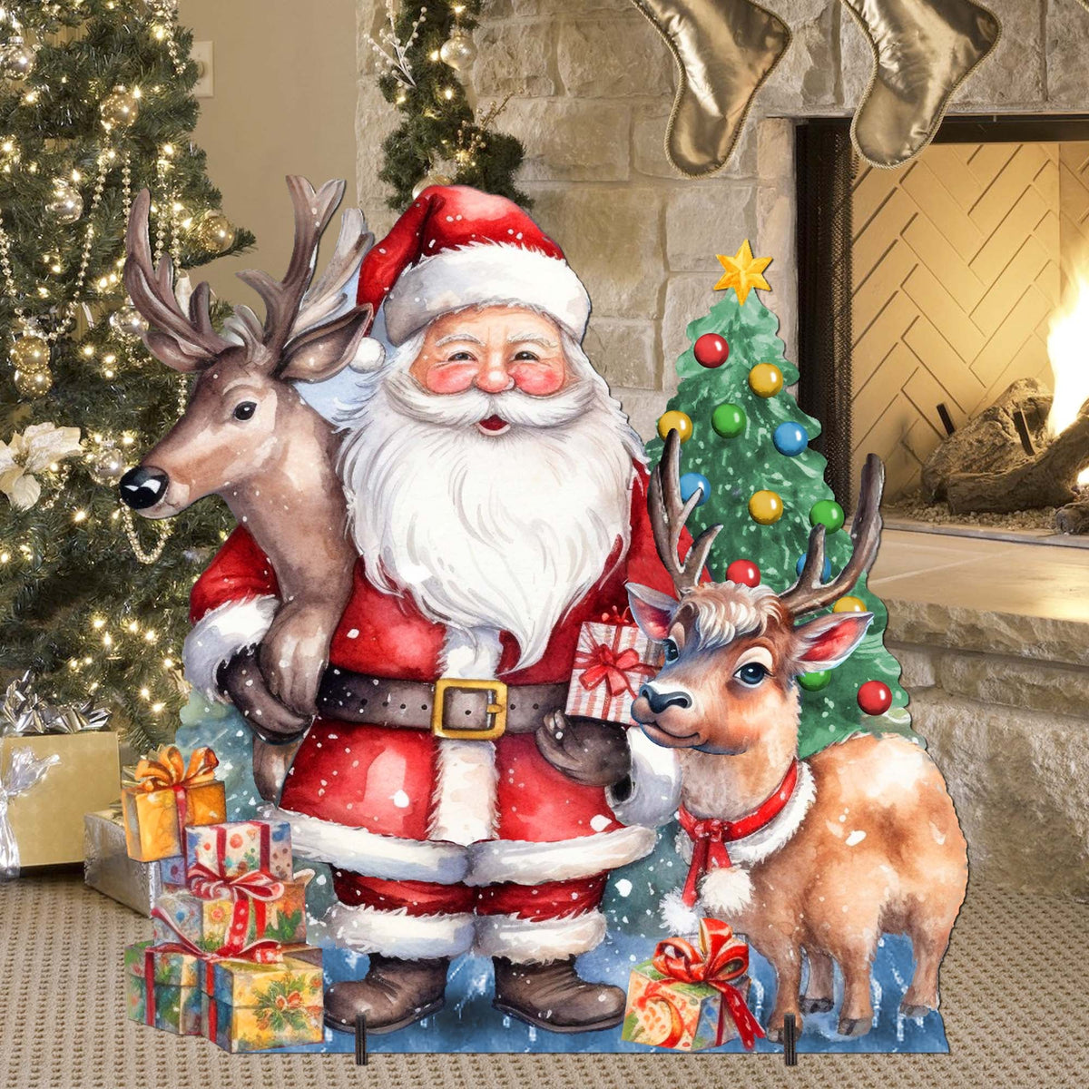 Santa and reindeer decor with a decorated Christmas tree and wrapped gifts on a snowy base