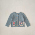 Smokey blue knit cardigan with round collar, button front, crochet flower patch pockets