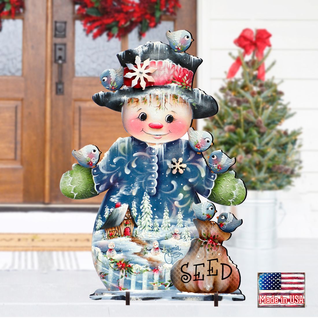 Christmas yard sign snowman with birds and 'SEED' basket, hat with snowflake band
