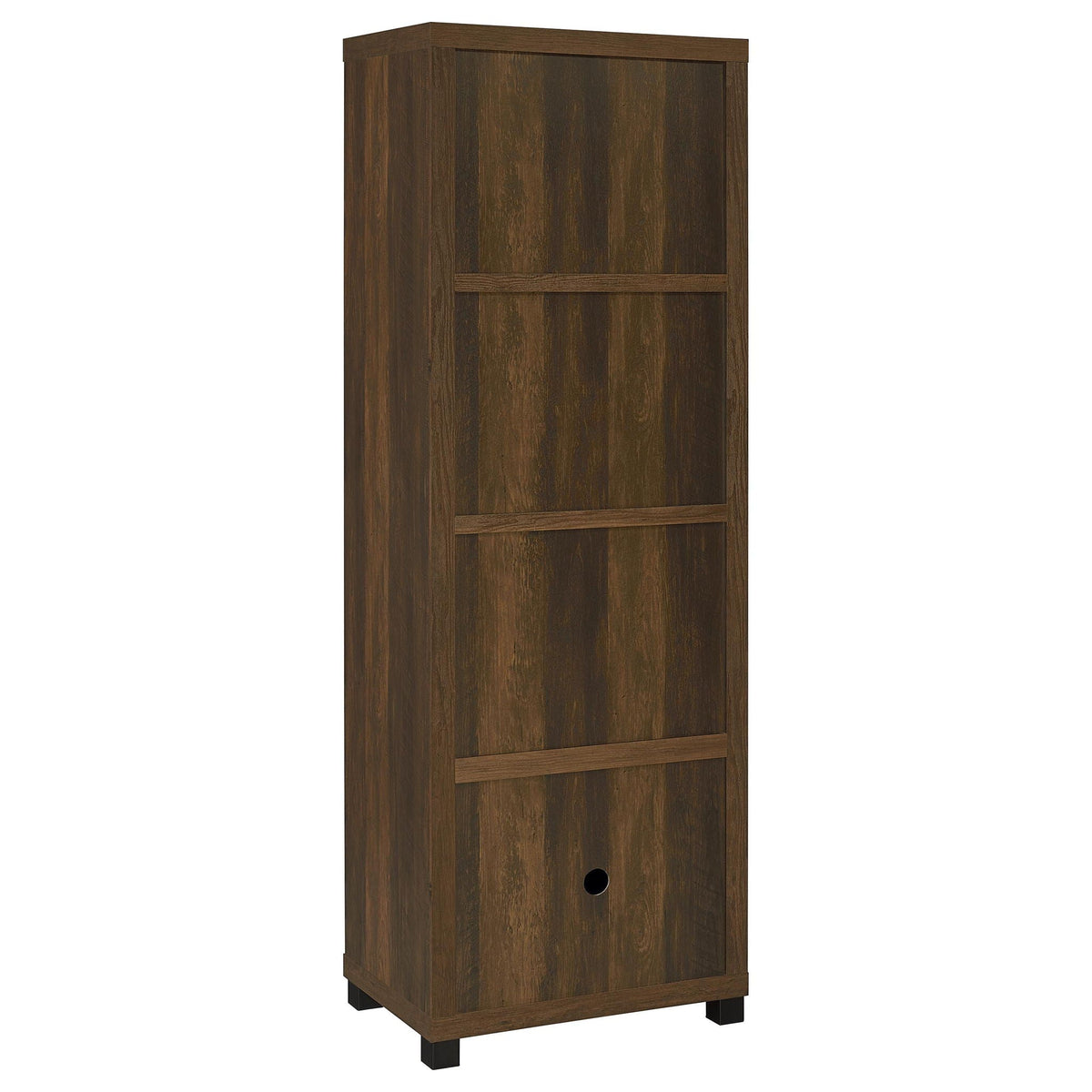 Dark pine media tower with three shelves and lower cabinet with round knob