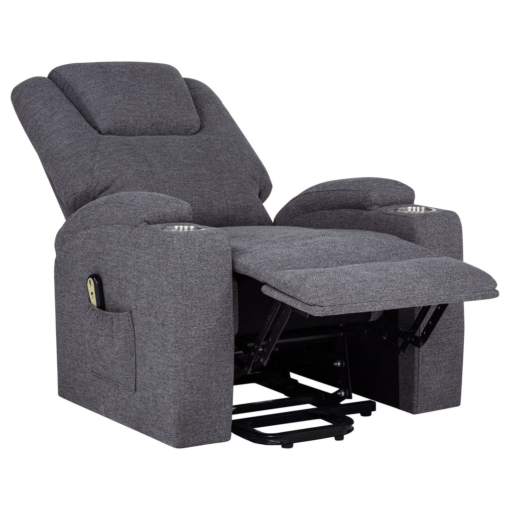 Grey upholstered power lift massage chair with extended legrest and visible lift mechanism