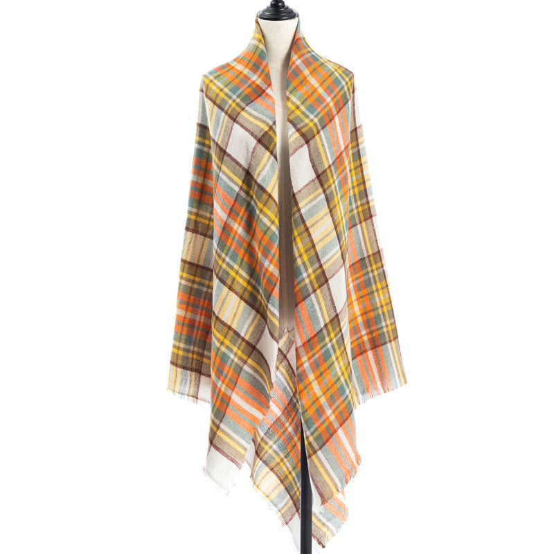 Yellow and orange plaid scarf shawl with fringe edges