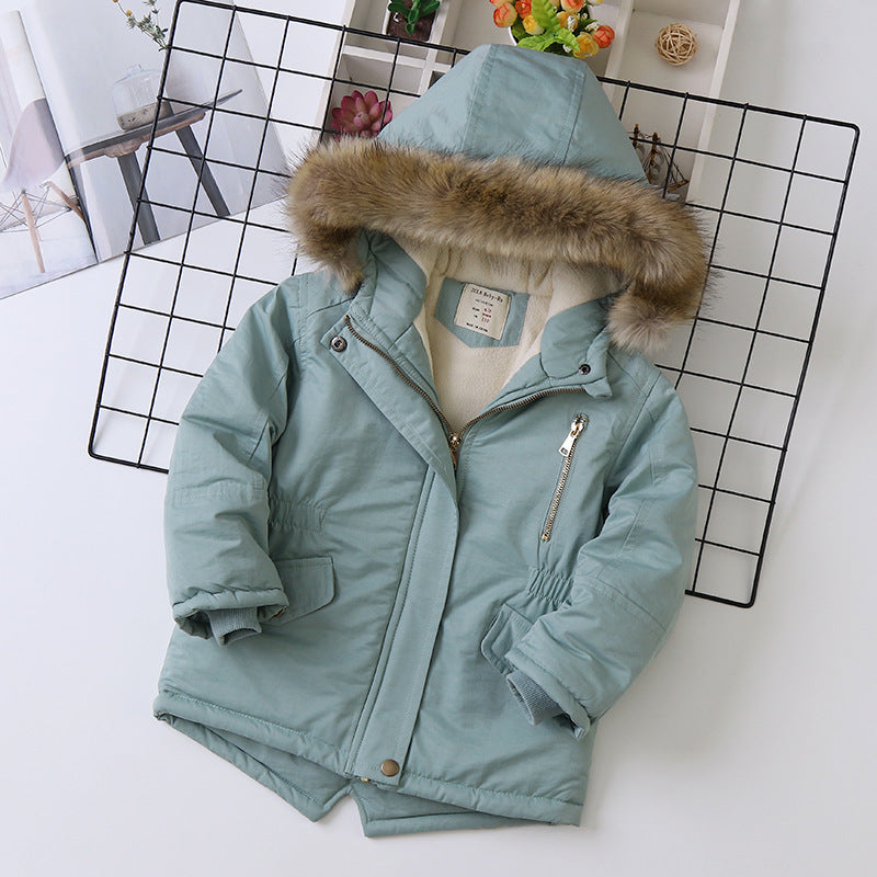 Boys cotton-padded winter jacket with faux fur hood, light teal blue, zip front pockets