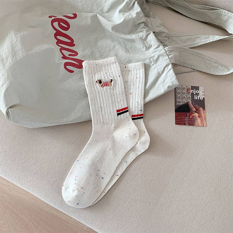 Children's white ribbed socks with dog embroidery and red/blue stripe cuff
