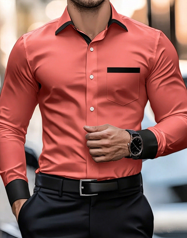 Men's rust red contrast-color dress shirt, black collar and sleeve cuff trim
