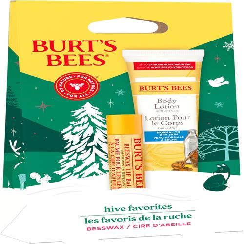 Hive favorites gift set packaging with body lotion and lip balm tubes displayed