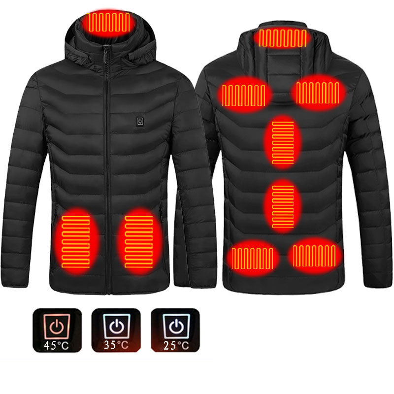 Men's black heated puffer jacket with hood, front zip, glowing heating zones