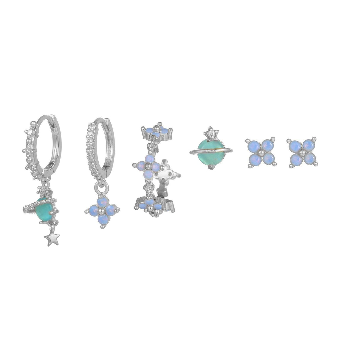 Silver-tone stackable earring set with blue flower charms, teal drops, and star accents