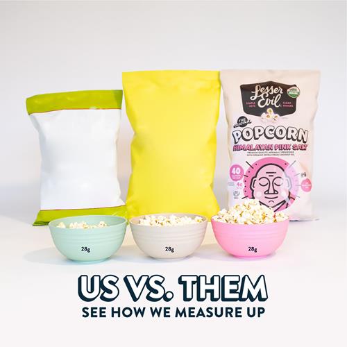 Himalayan gold popcorn bag with serving bowls of popped corn