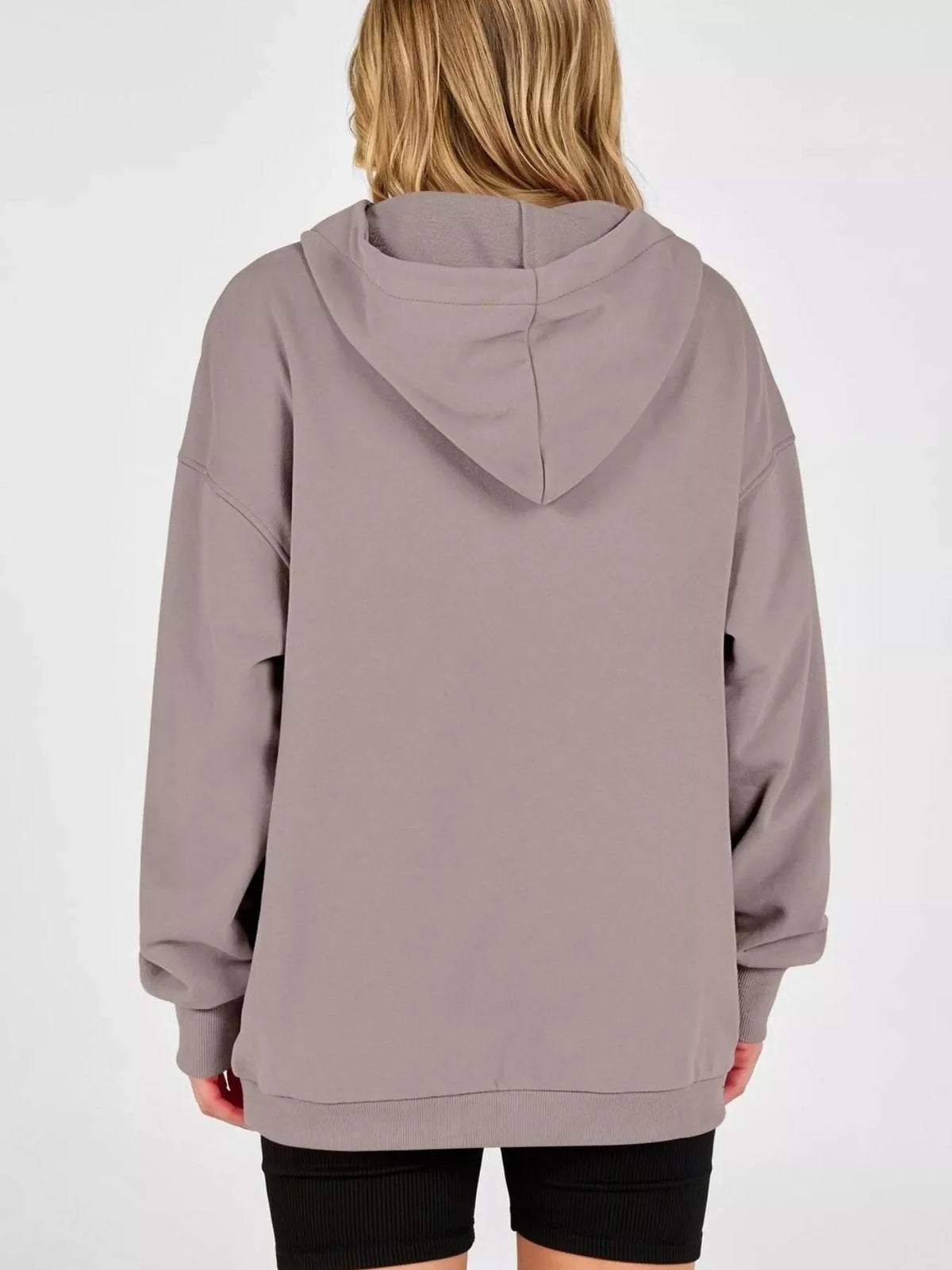 Taupe khaki back view half-snap hoodie with hood and dropped shoulders