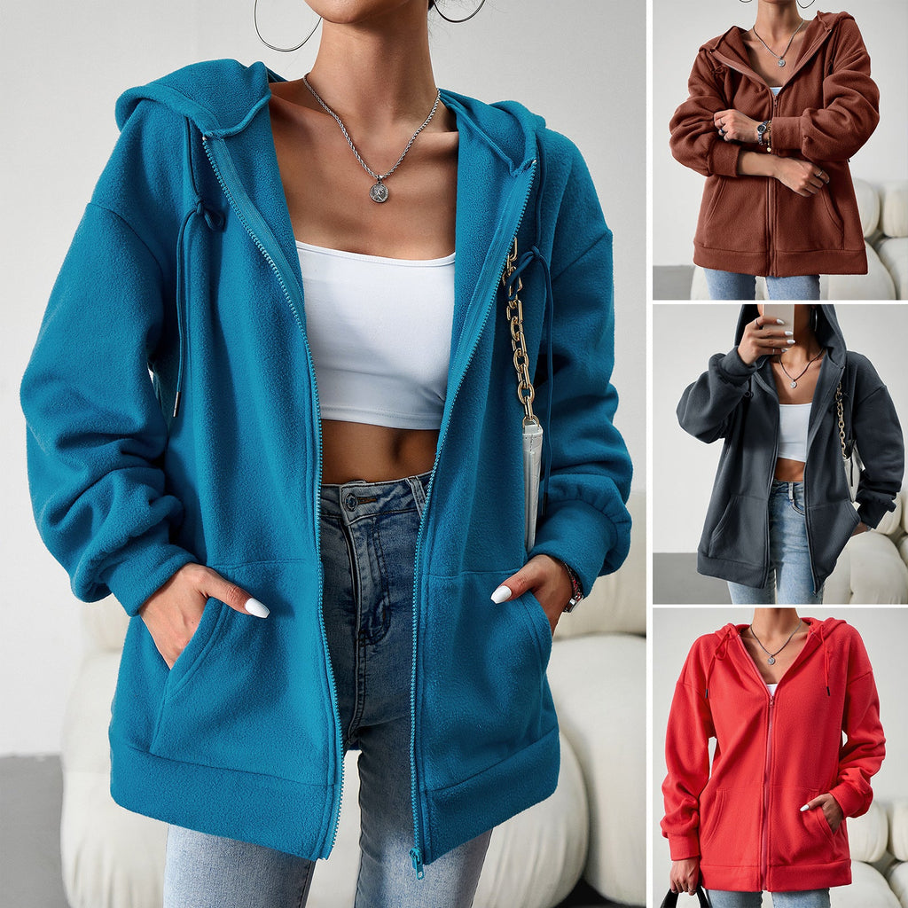 Teal hooded zip-front cardigan jacket with drawstring pockets