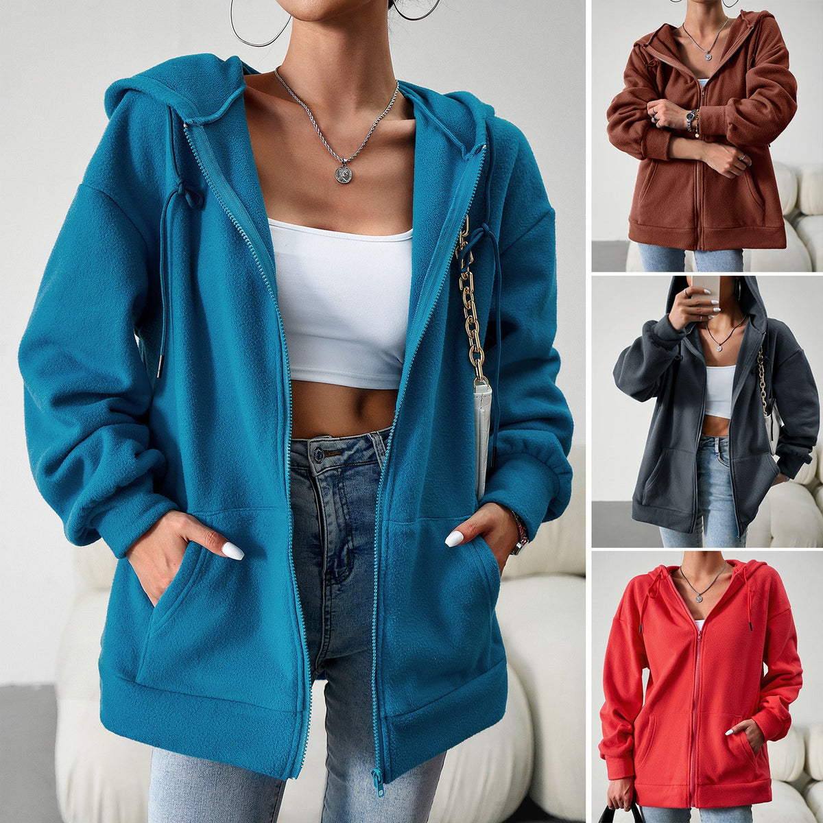Teal hooded zip-front cardigan jacket with drawstring pockets